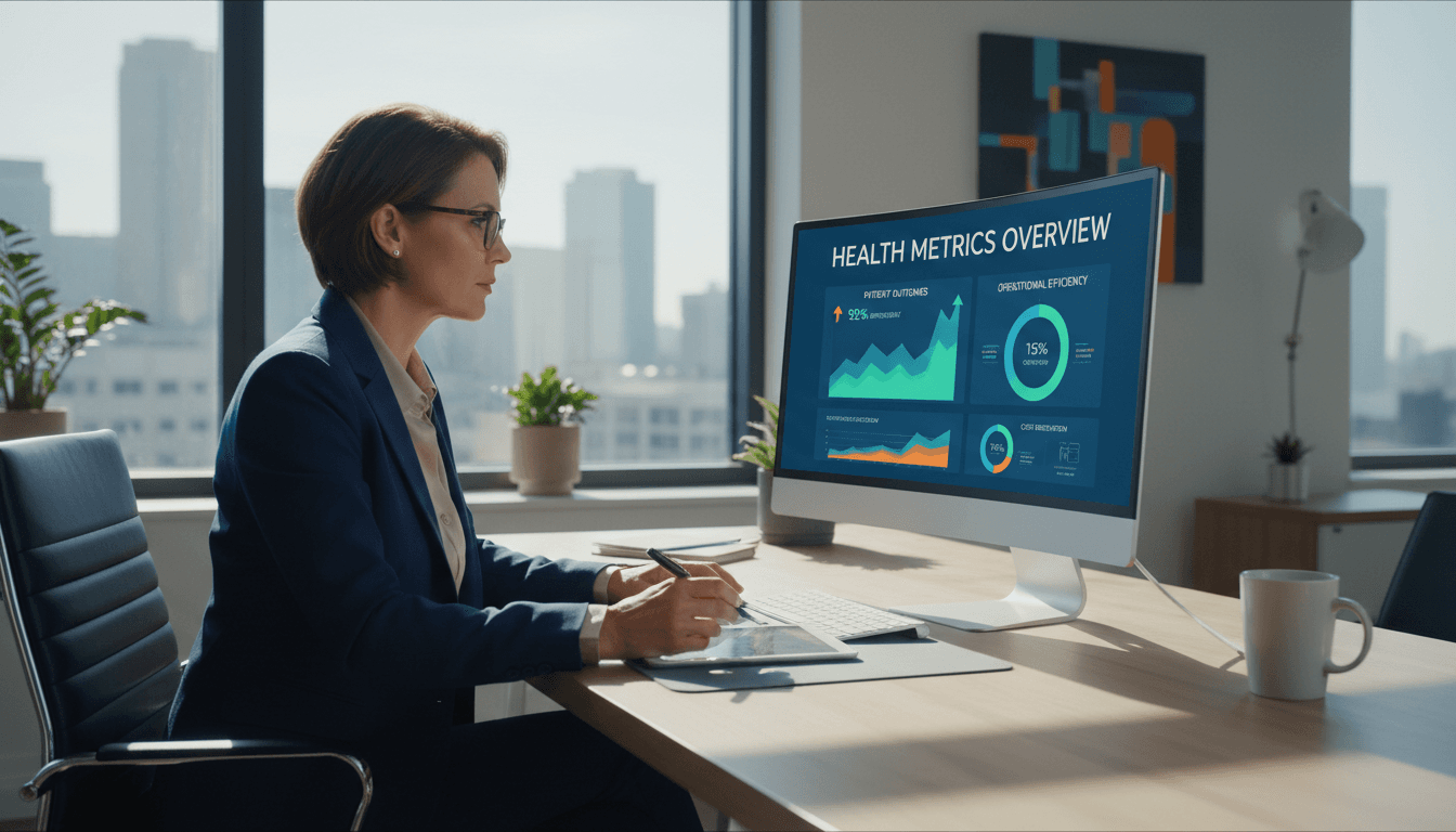 Healthcare executive reviewing data analytics and strategic insights on computer